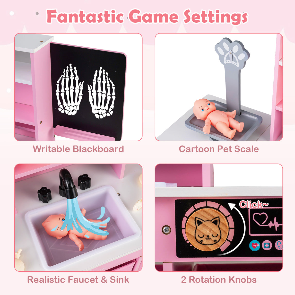 Play Doctor's Office Wood Medical Center Toy Set with Blackboard-Pink