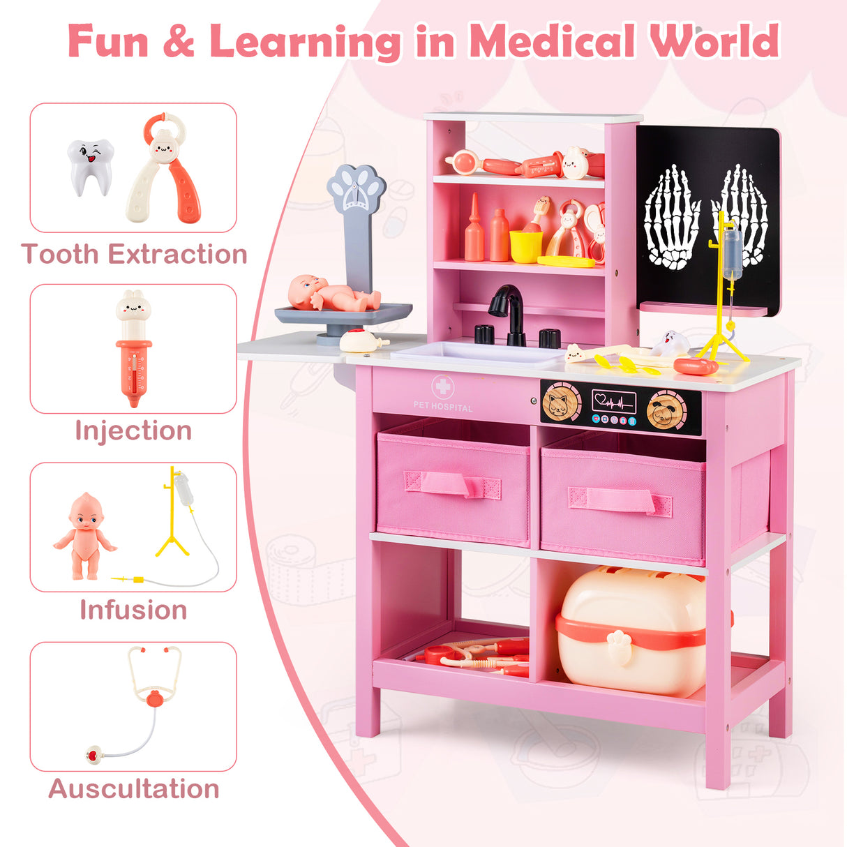 Play Doctor's Office Wood Medical Center Toy Set with Blackboard-Pink