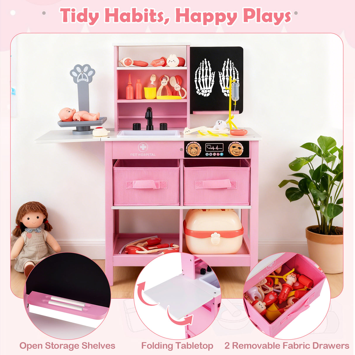 Play Doctor's Office Wood Medical Center Toy Set with Blackboard-Pink