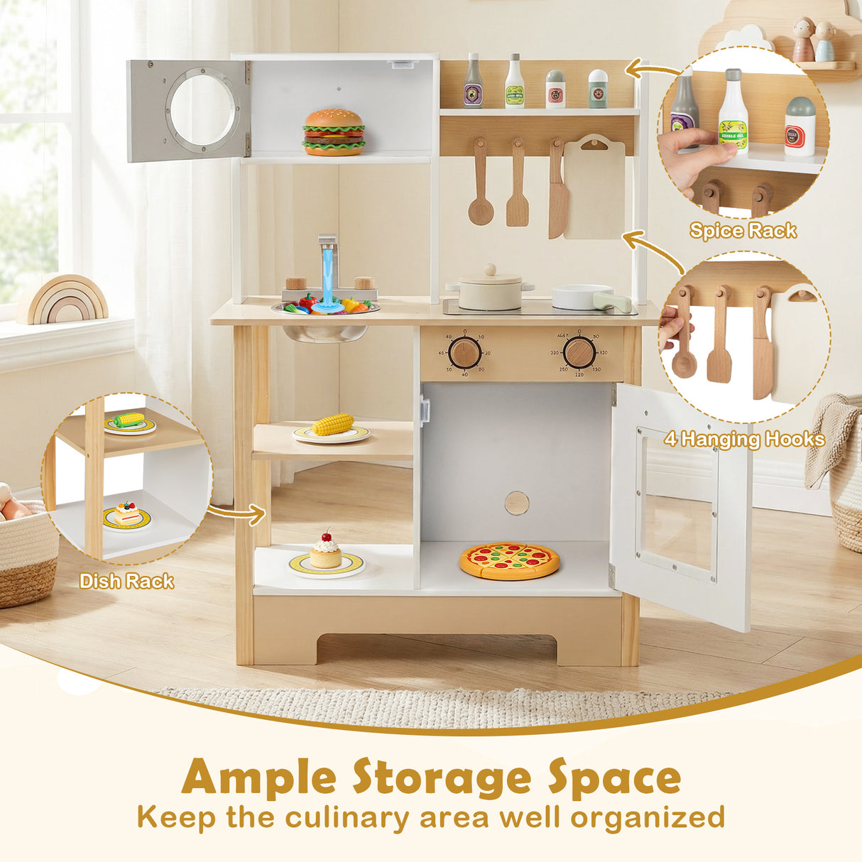 Play Kitchen Wooden Toy Kitchen Playset with Chalkboard Birthday Gift for Kids Aged 3 +-White