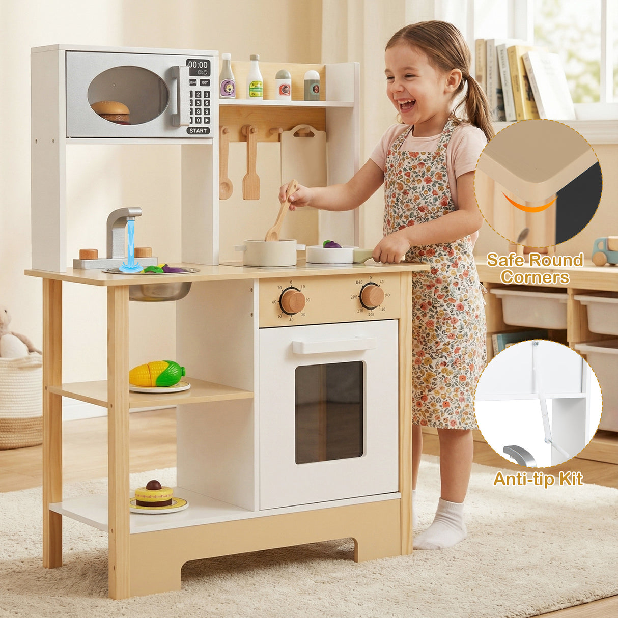Play Kitchen Wooden Toy Kitchen Playset with Chalkboard Birthday Gift for Kids Aged 3 +-White