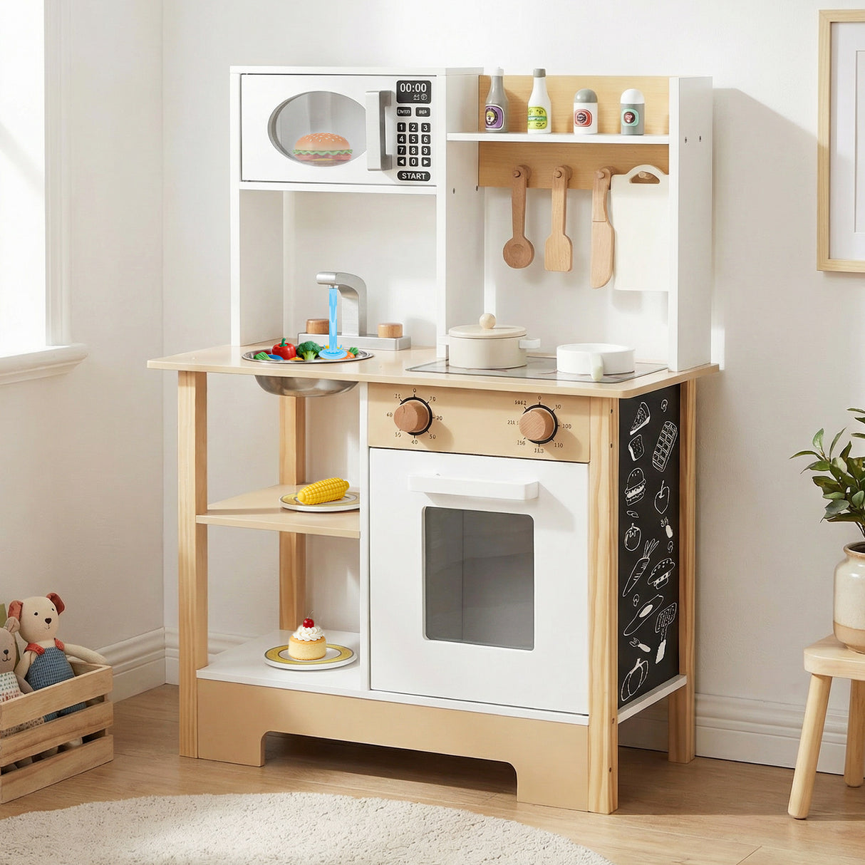 Play Kitchen Wooden Toy Kitchen Playset with Chalkboard Birthday Gift for Kids Aged 3 +-White