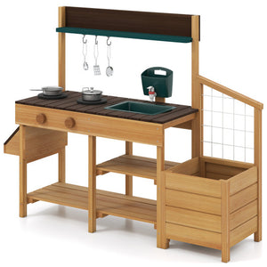 Play Kitchen for Kids Wooden Toy Kitchen Playset Pretend Mud Kitchen-Brown