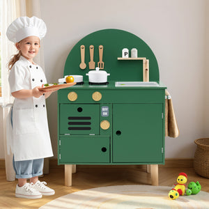 Play Kitchen for Kids Wooden Kitchen Playset with Stoves Faucet Sink Microwave and Oven-Green