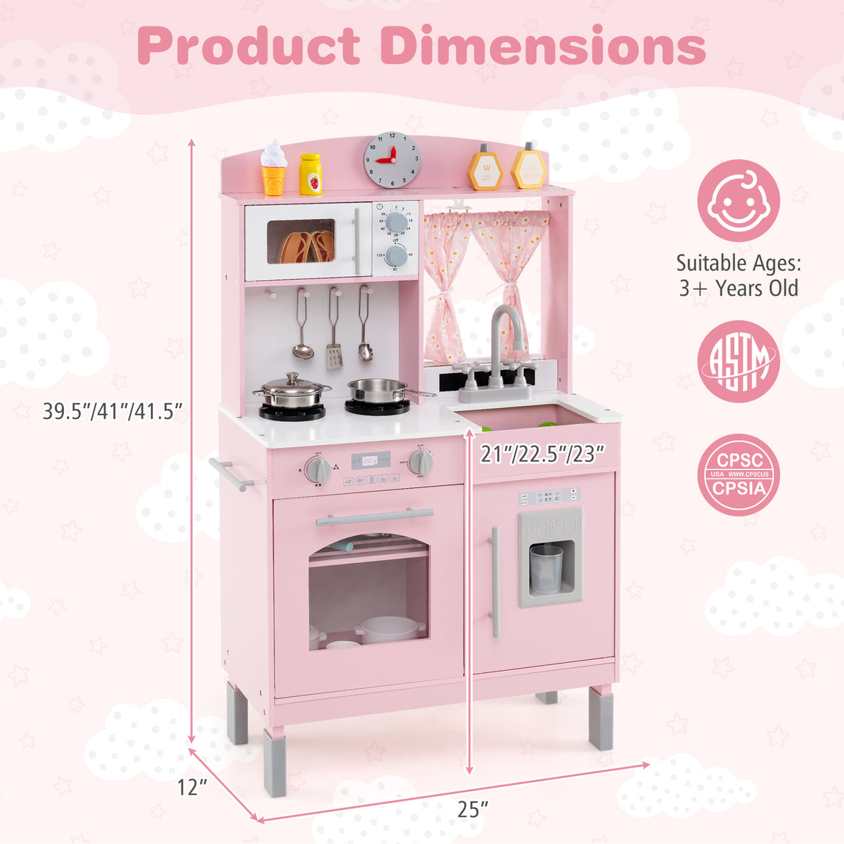 Play Kitchen for Kids Wooden Chef Pretend Playset with 3 Adjustable Heights Microwave-Pink
