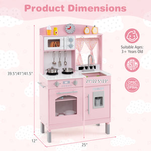 Play Kitchen for Kids Wooden Chef Pretend Playset with 3 Adjustable Heights Microwave-Pink