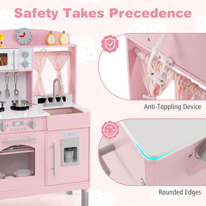 Play Kitchen for Kids Wooden Chef Pretend Playset with 3 Adjustable Heights Microwave-Pink