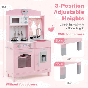 Play Kitchen for Kids Wooden Chef Pretend Playset with 3 Adjustable Heights Microwave-Pink