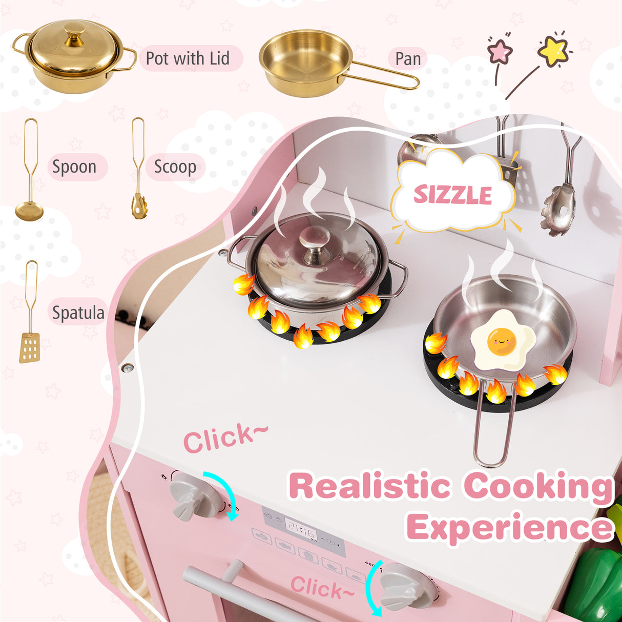 Play Kitchen for Kids Wooden Chef Pretend Playset with 3 Adjustable Heights Microwave-Pink