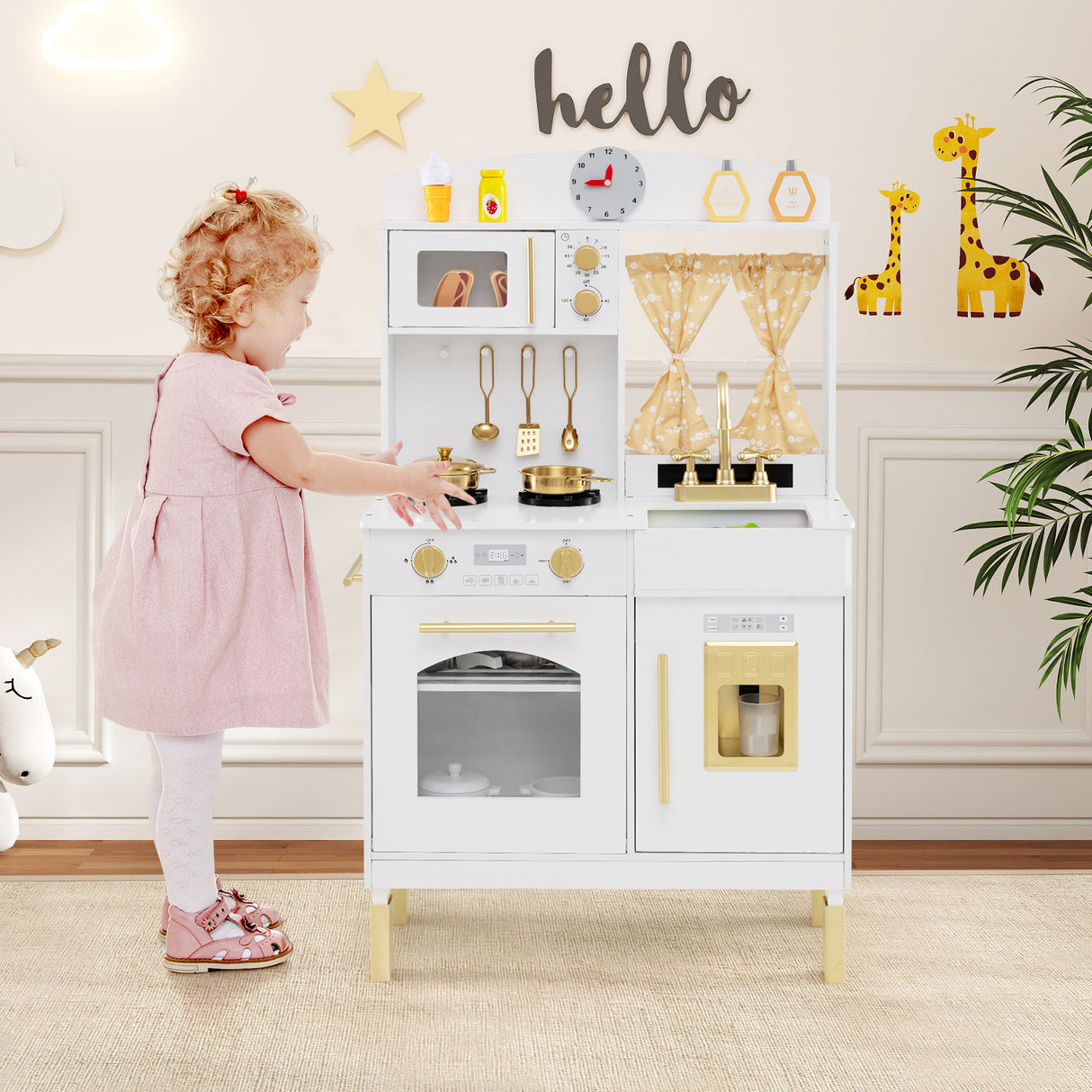 Play Kitchen for Kids Wooden Chef Pretend Playset with 3 Adjustable Heights Microwave-Gold