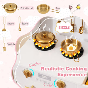 Play Kitchen for Kids Wooden Chef Pretend Playset with 3 Adjustable Heights Microwave-Gold