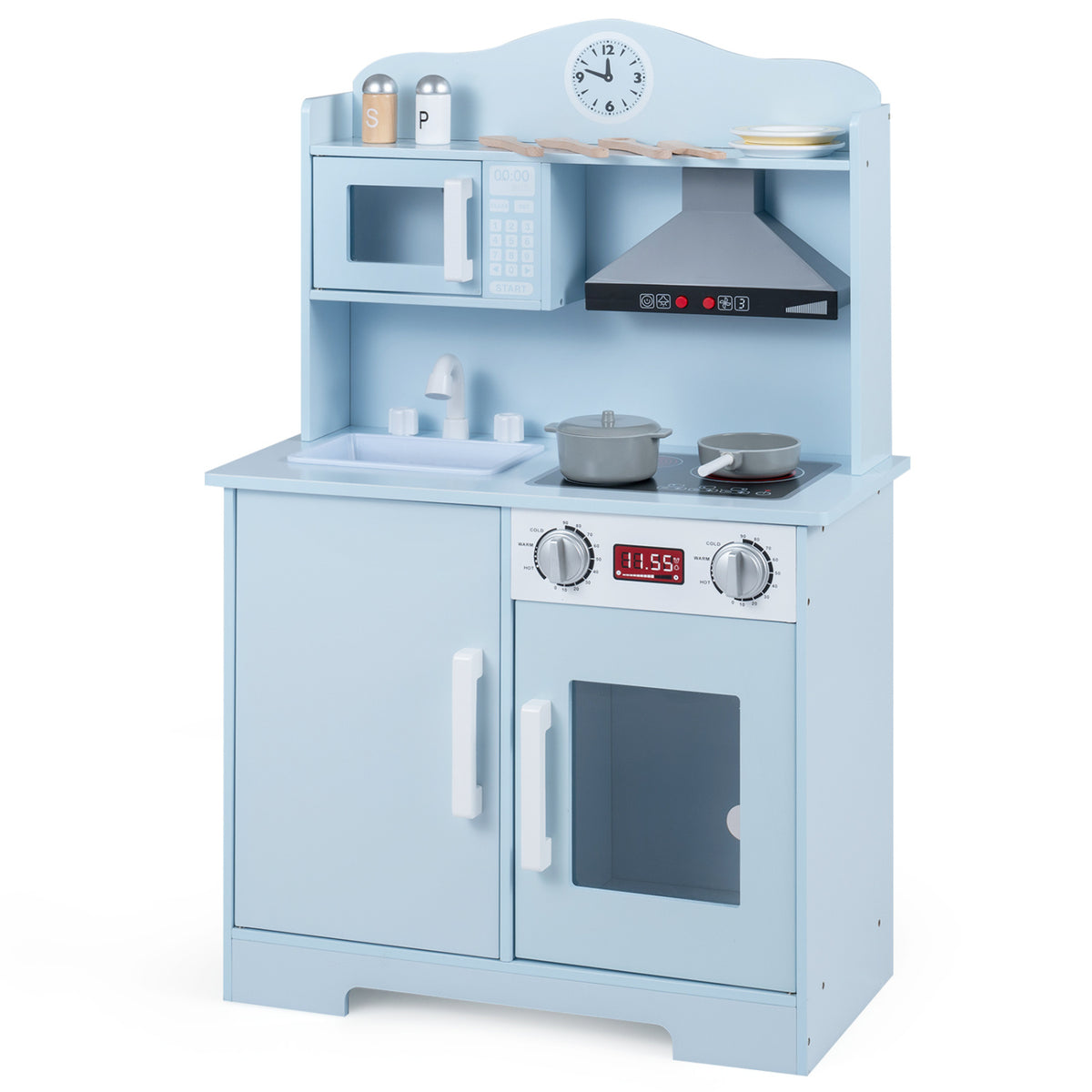 Play Kitchen for Kids Wooden Playset with Range Hood and Microwave-Blue