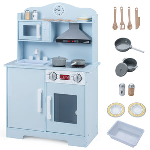 Play Kitchen for Kids Wooden Playset with Range Hood and Microwave-Blue