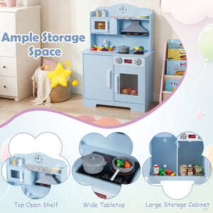 Play Kitchen for Kids Wooden Playset with Range Hood and Microwave-Blue