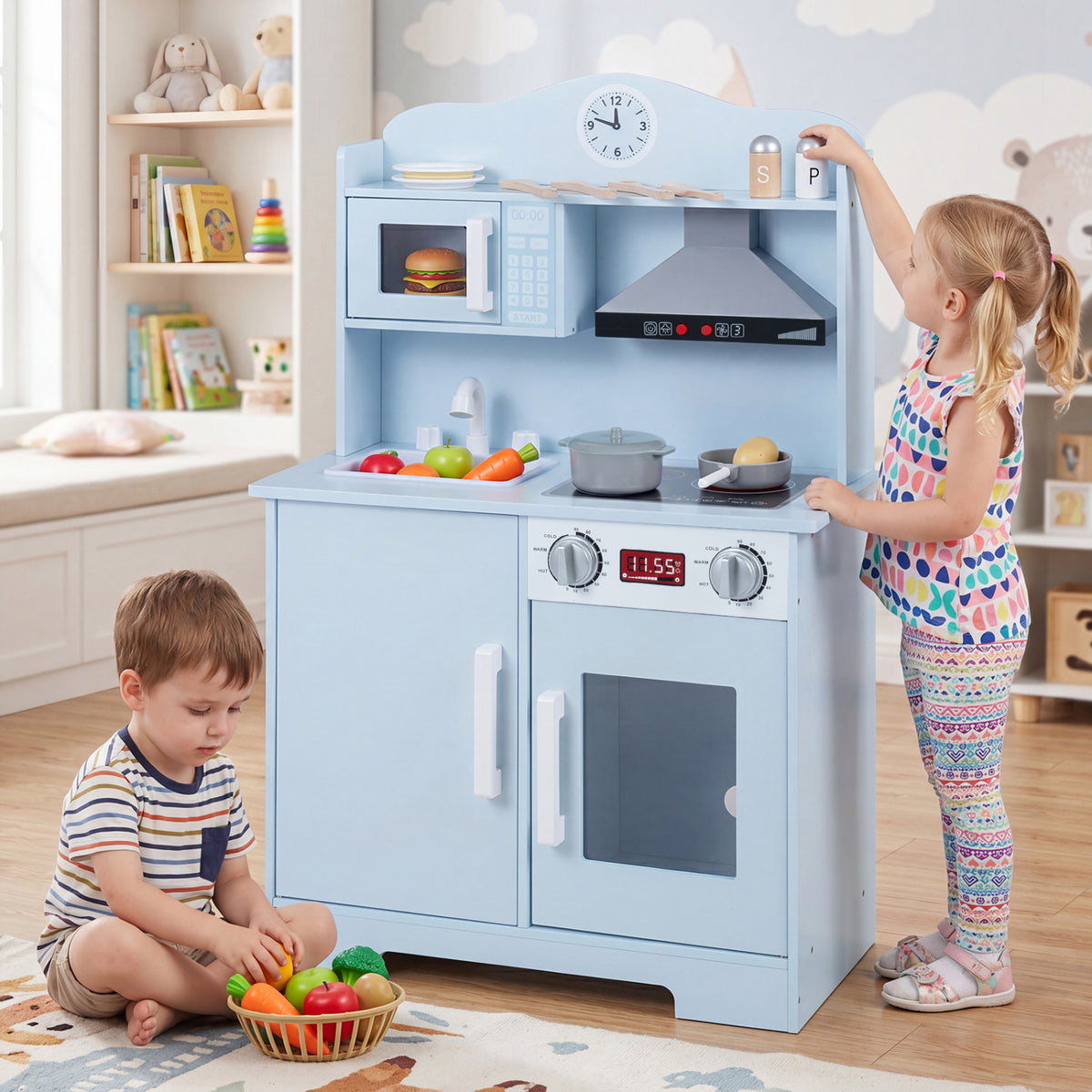 Play Kitchen for Kids Wooden Playset with Range Hood and Microwave-Blue