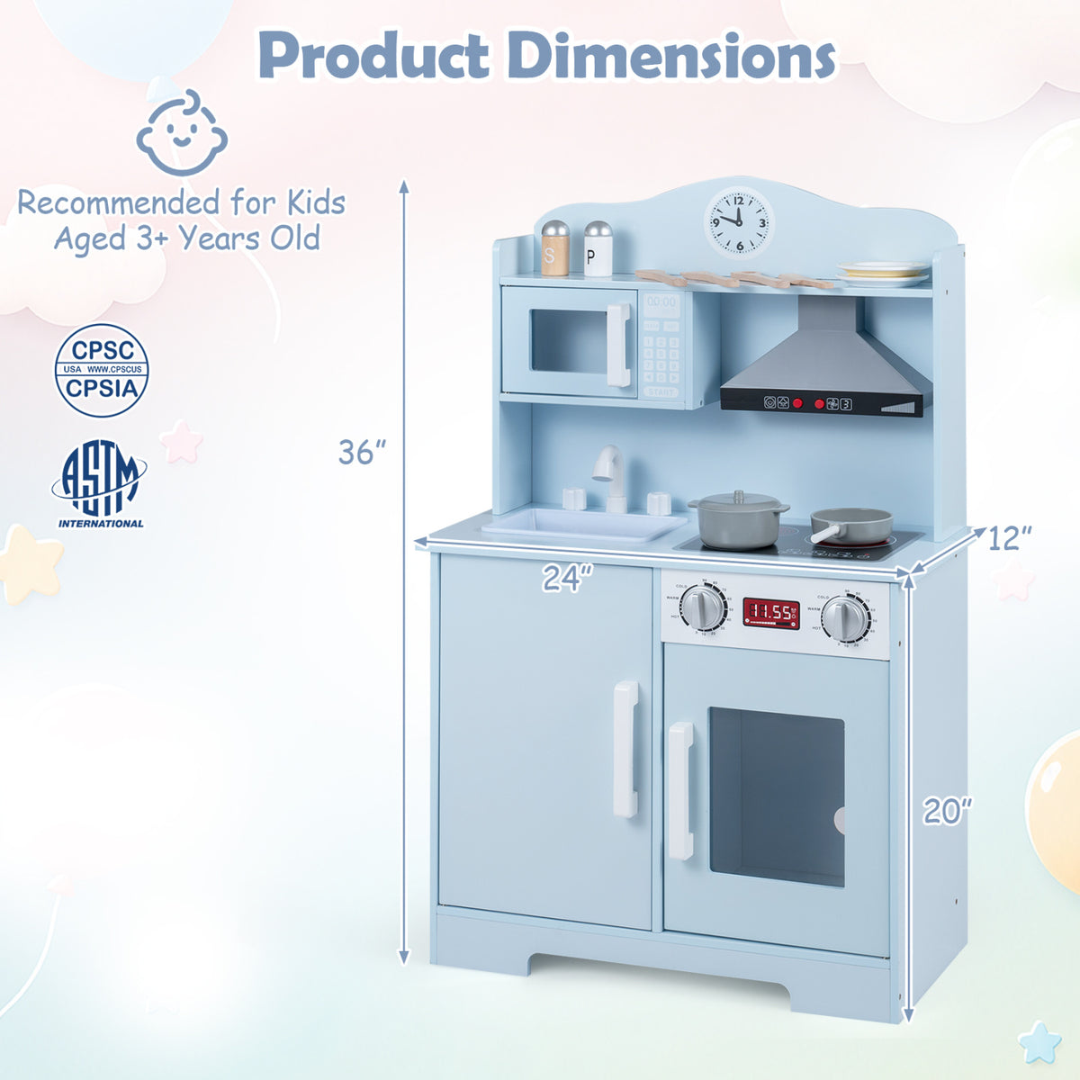 Play Kitchen for Kids Wooden Playset with Range Hood and Microwave-Blue