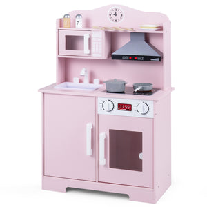 Play Kitchen for Kids Wooden Playset with Range Hood and Microwave-Pink