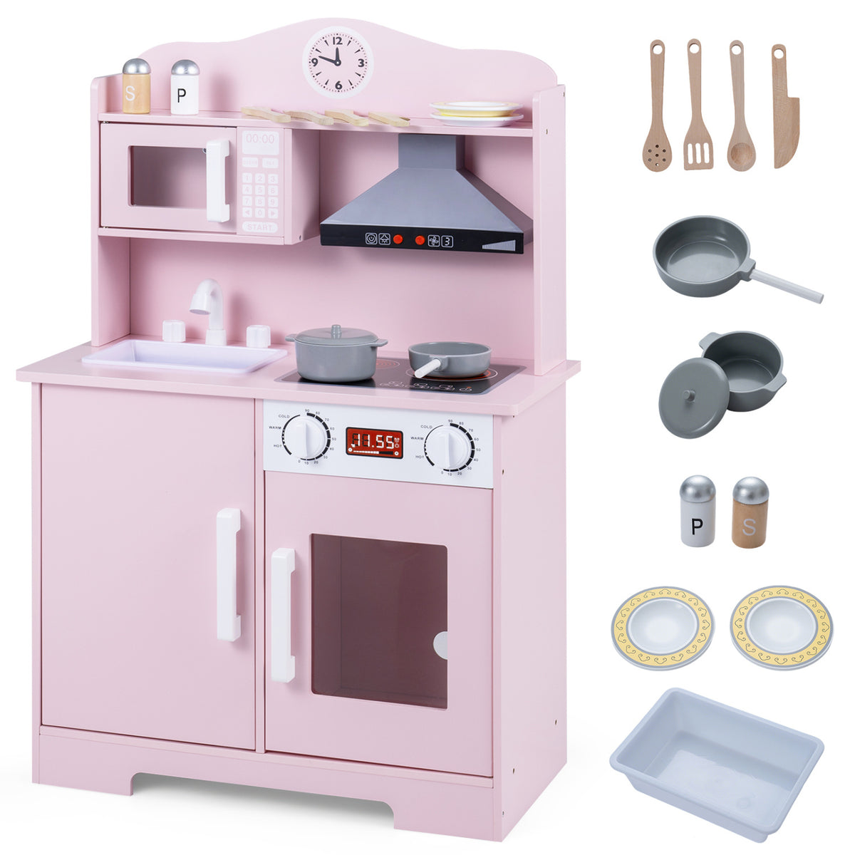 Play Kitchen for Kids Wooden Playset with Range Hood and Microwave-Pink