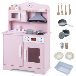 Play Kitchen for Kids Wooden Playset with Range Hood and Microwave-Pink