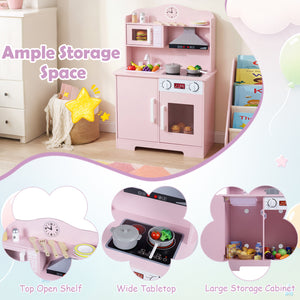 Play Kitchen for Kids Wooden Playset with Range Hood and Microwave-Pink
