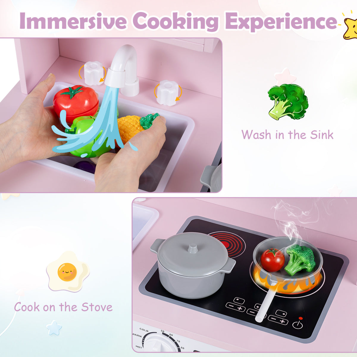 Play Kitchen for Kids Wooden Playset with Range Hood and Microwave-Pink