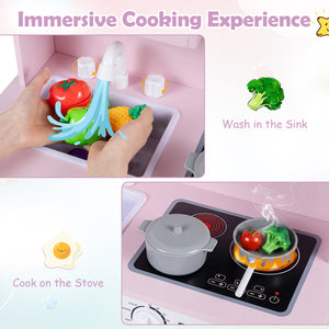 Play Kitchen for Kids Wooden Playset with Range Hood and Microwave-Pink