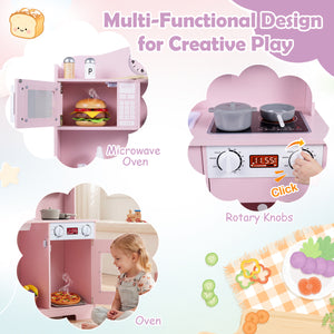 Play Kitchen for Kids Wooden Playset with Range Hood and Microwave-Pink
