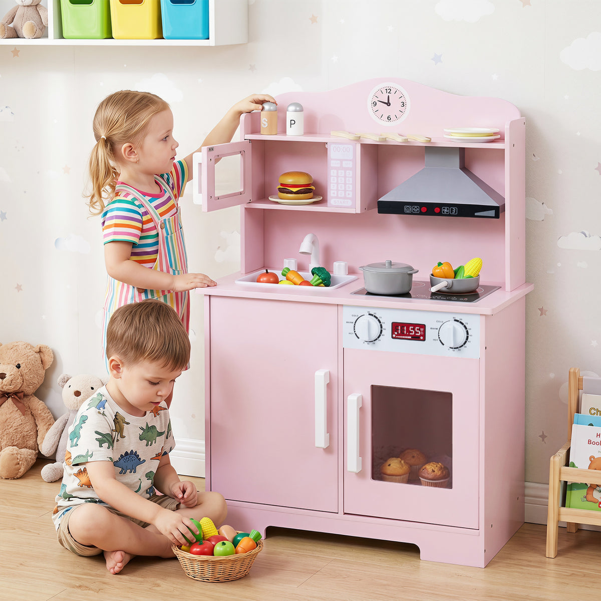 Play Kitchen for Kids Wooden Playset with Range Hood and Microwave-Pink