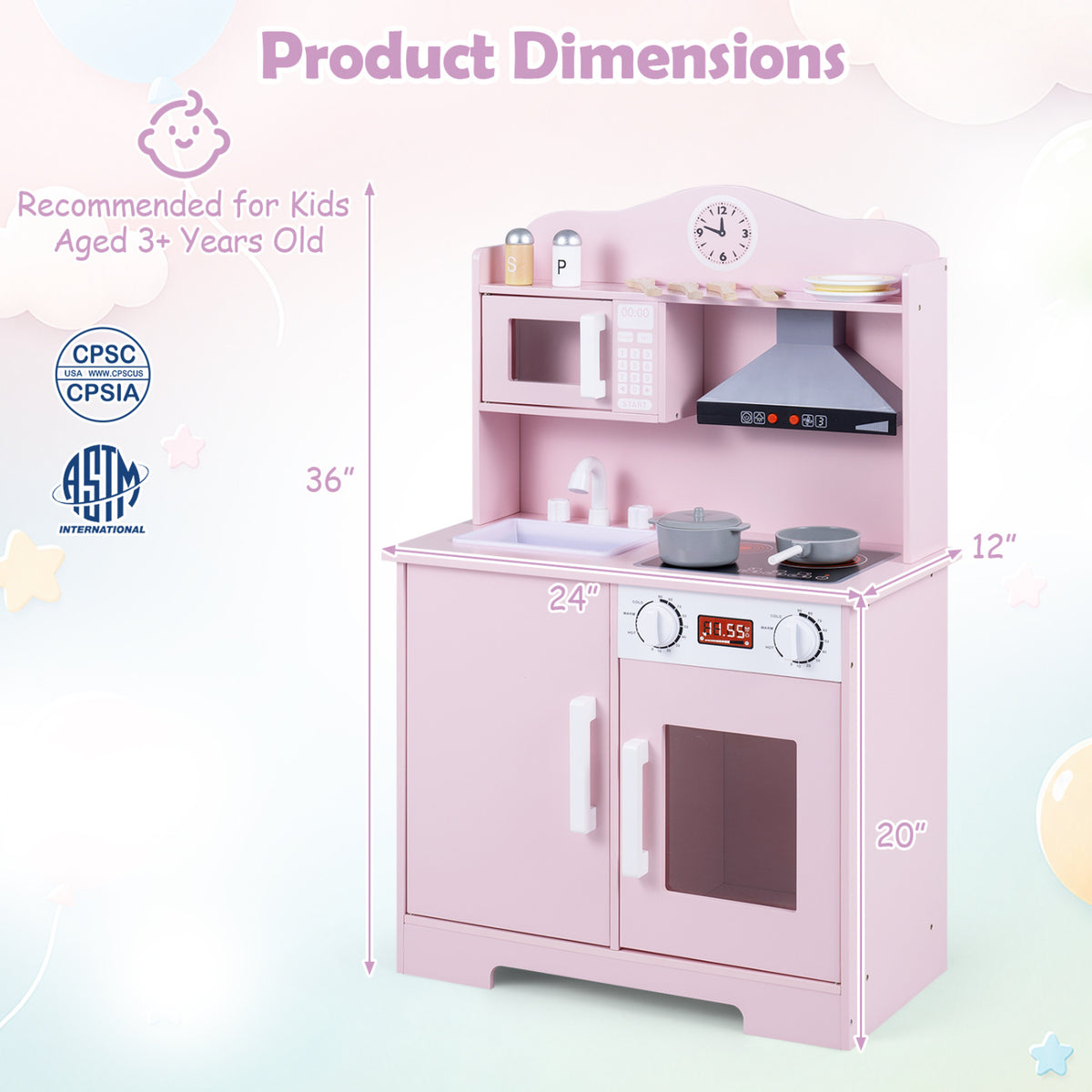 Play Kitchen for Kids Wooden Playset with Range Hood and Microwave-Pink