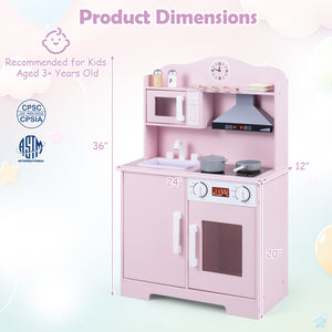 Play Kitchen for Kids Wooden Playset with Range Hood and Microwave-Pink
