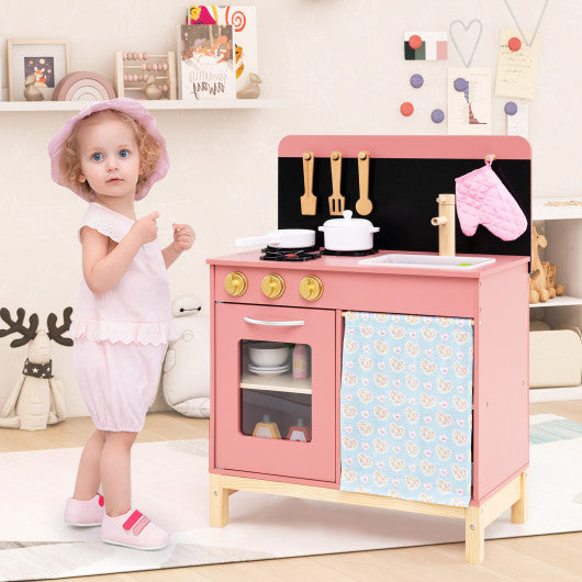 Play Kitchen for Kids Wooden Kitchen Playset with Door Curtain-Pink