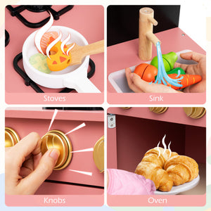 Play Kitchen for Kids Wooden Kitchen Playset with Door Curtain-Pink
