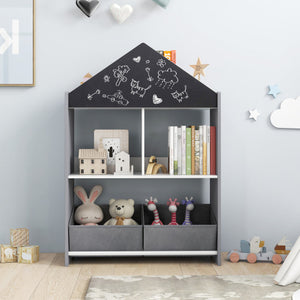 Playhouse Kids Bookshelf with Chalkboard and Whiteboard for 3-6 Years-Gray