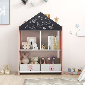 Playhouse Kids Bookshelf with Chalkboard and Whiteboard for 3-6 Years-Pink