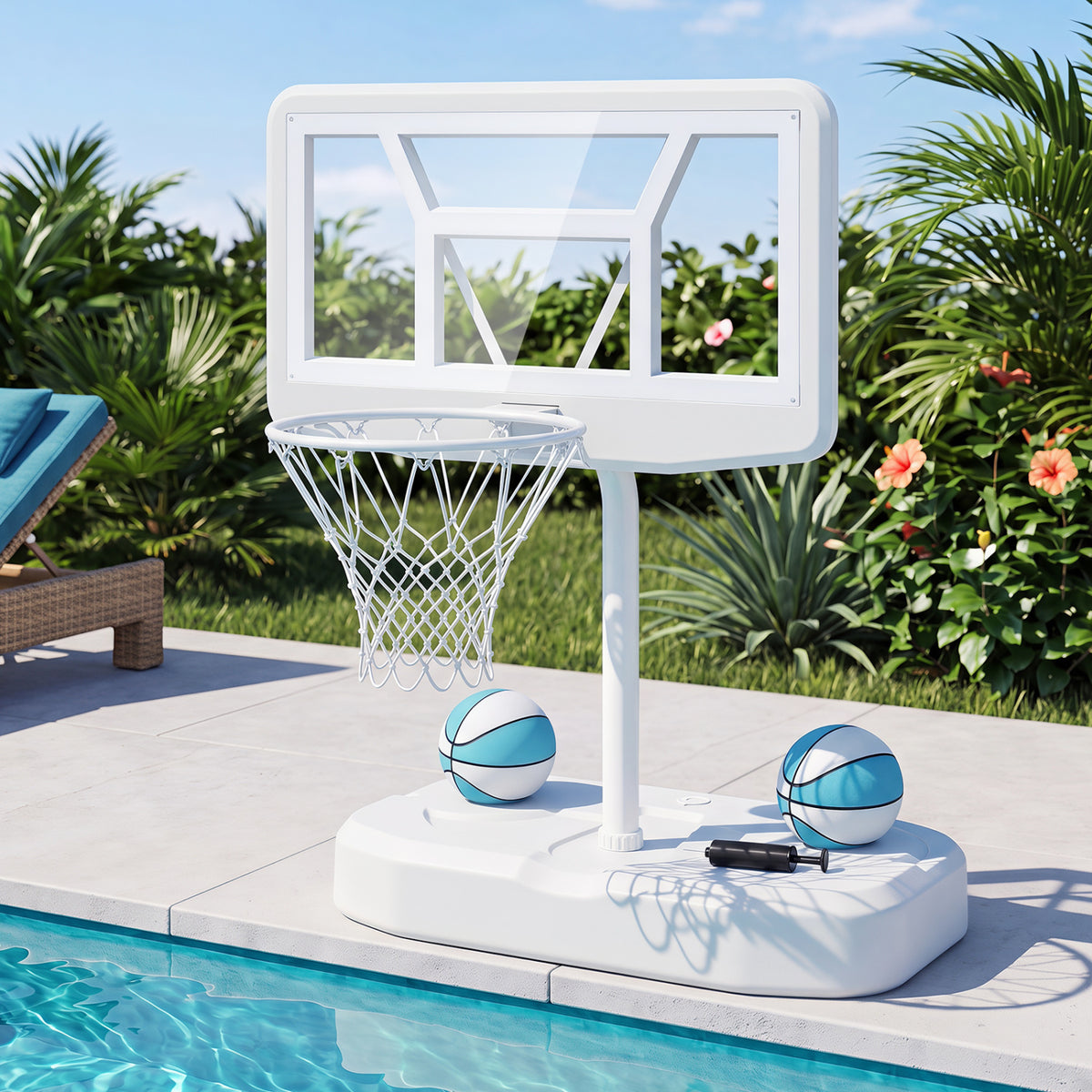 Pool Basketball Hoop Set with 2 Balls and Pump for Water Games-White