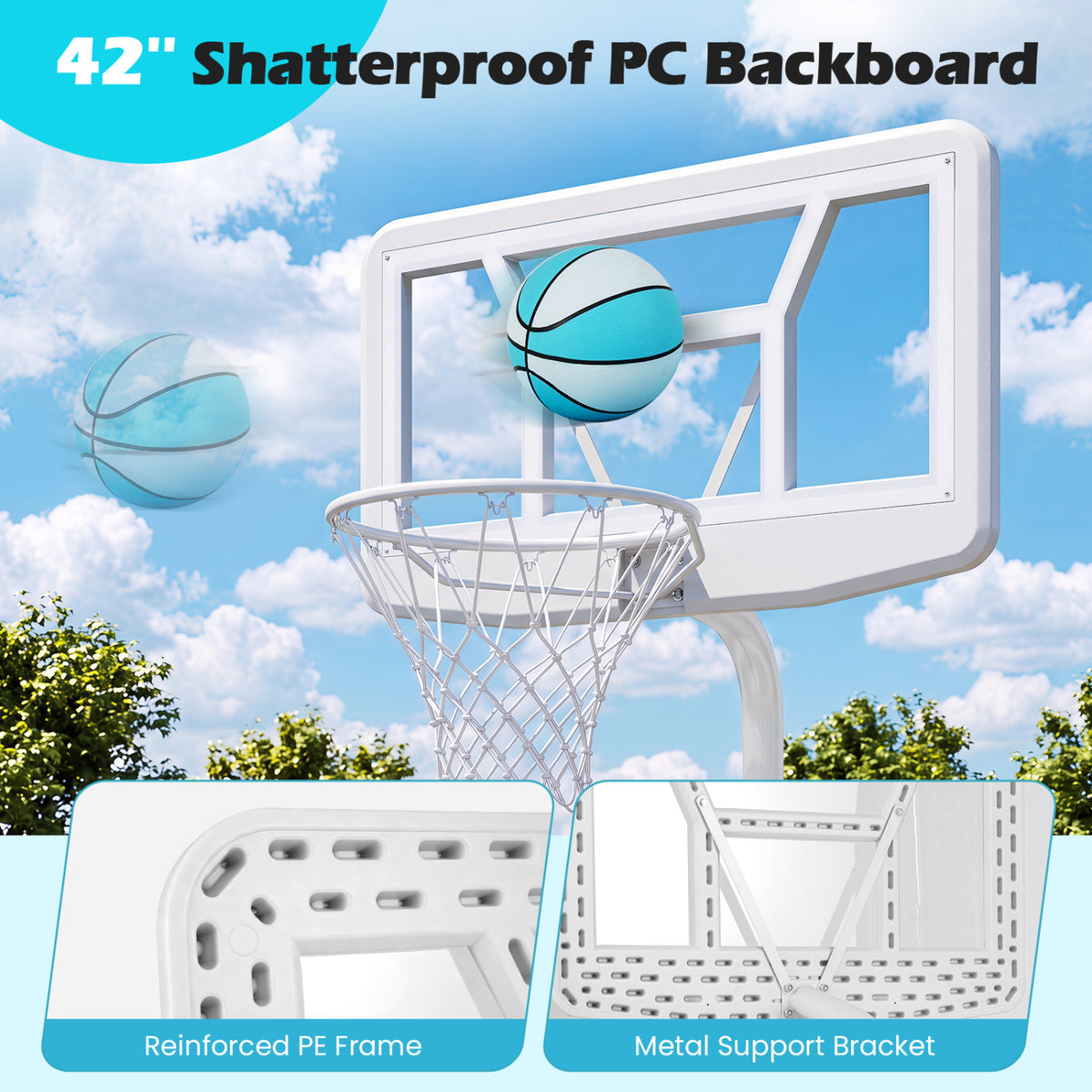 Pool Basketball Hoop Set with 2 Balls and Pump for Water Games-White