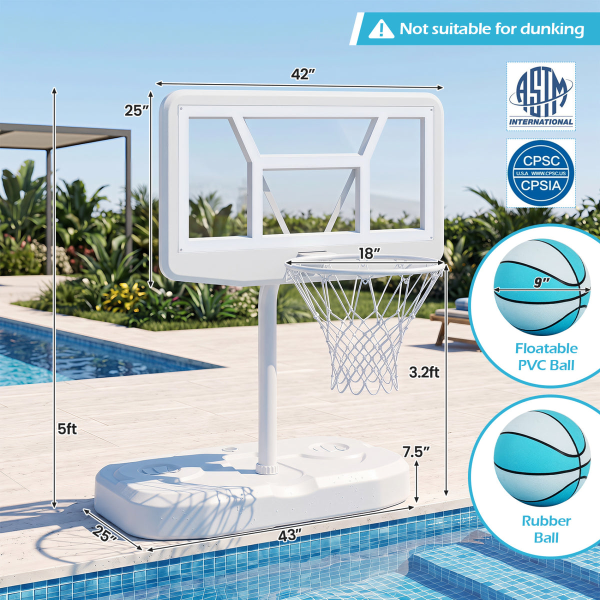 Pool Basketball Hoop Set with 2 Balls and Pump for Water Games-White