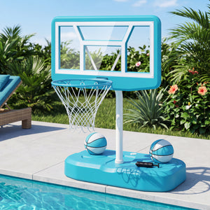 Pool Basketball Hoop Set with 2 Balls and Pump for Water Games-Blue