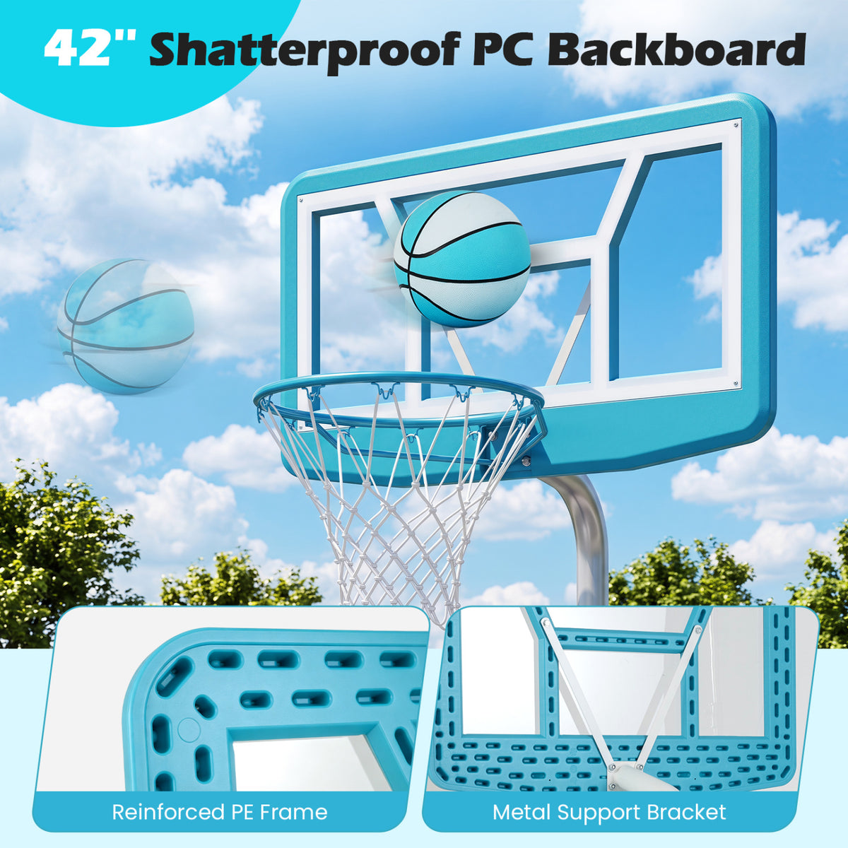 Pool Basketball Hoop Set with 2 Balls and Pump for Water Games-Blue