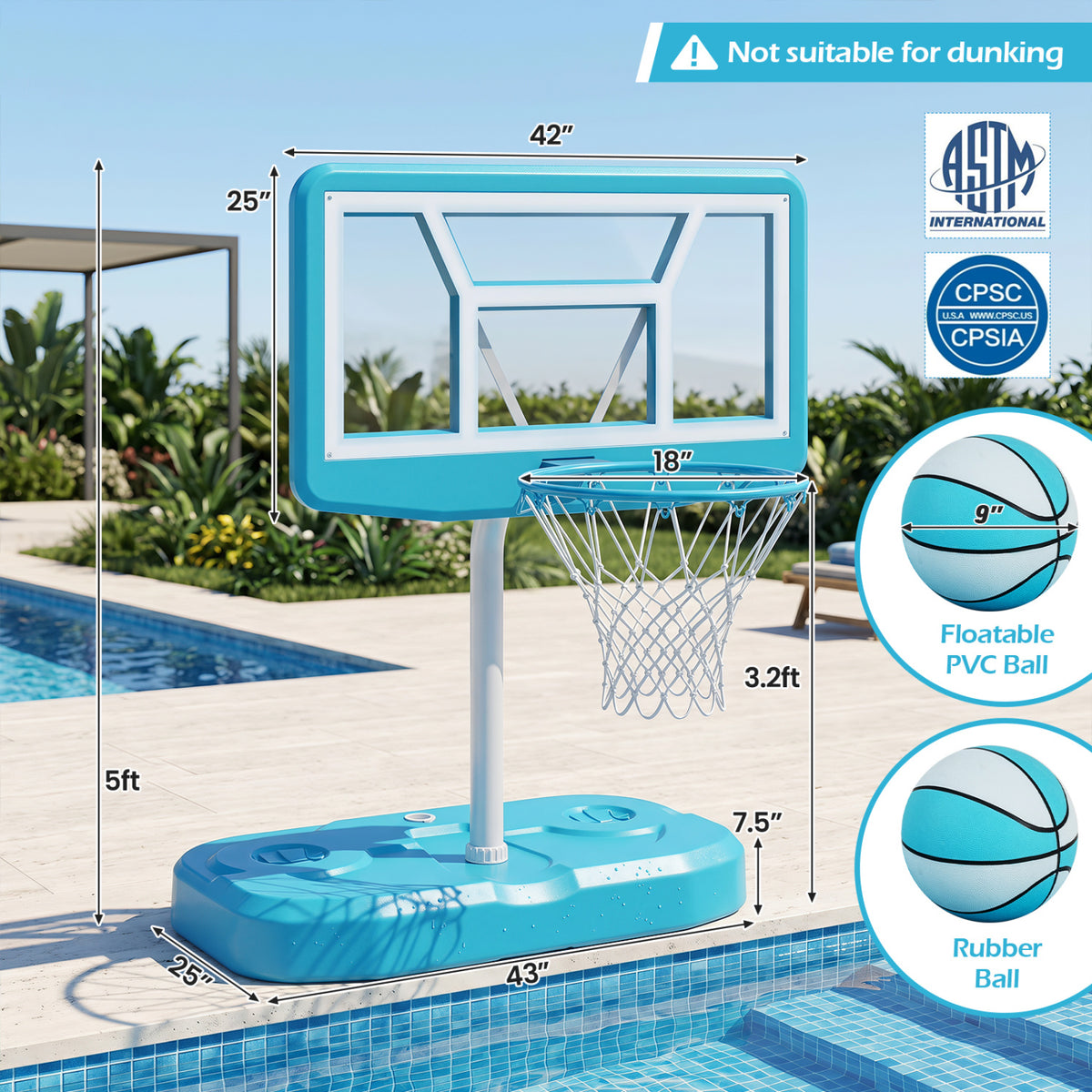 Pool Basketball Hoop Set with 2 Balls and Pump for Water Games-Blue