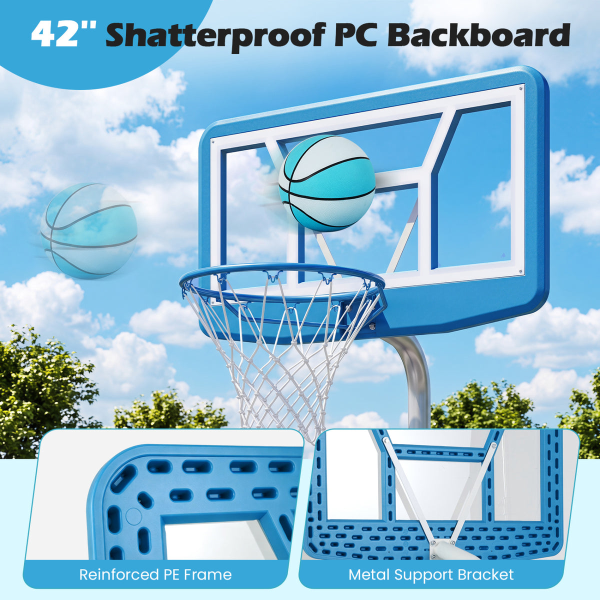 Pool Basketball Hoop Set with 2 Balls and Pump for Water Games-Light Blue