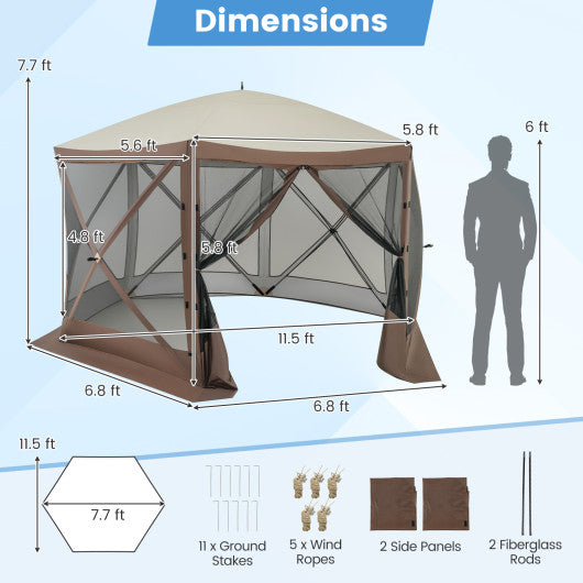 Pop-up Gazebo 6-sided Instant Setup Screen House Hub Tent with Mesh Netting Walls-Coffee
