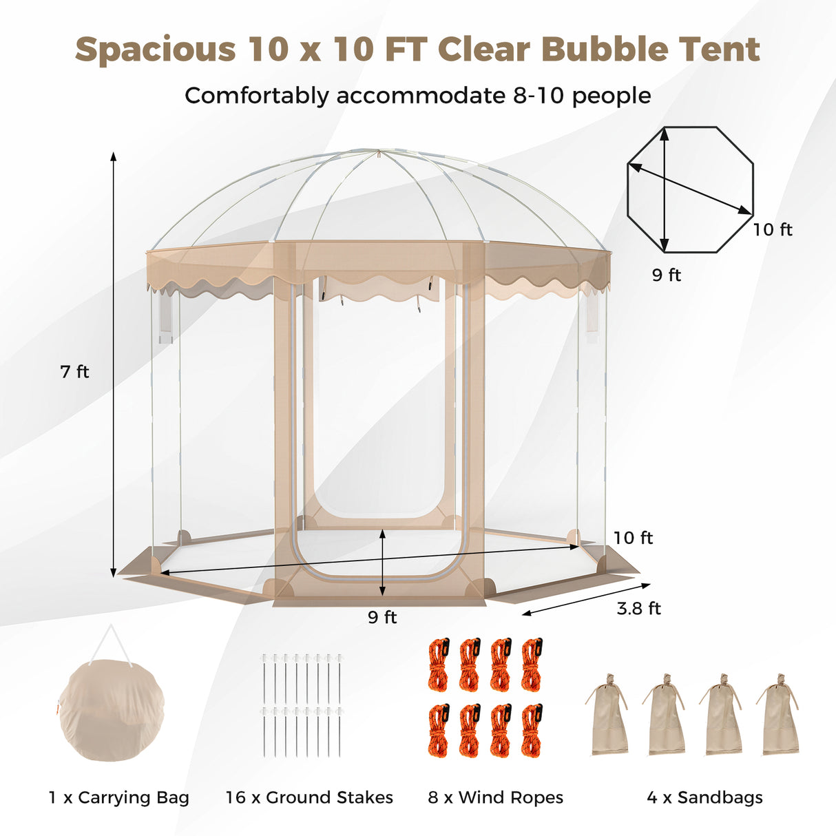 Pop Up Bubble Tent 10x10 FT for 8-10 People Weatherproof Pod with 540 ° Panoramic Clear PVC