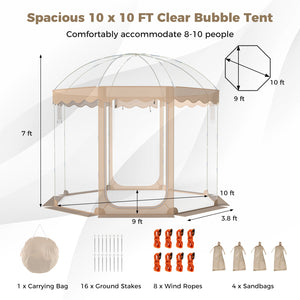 Pop Up Bubble Tent 10x10 FT for 8-10 People Weatherproof Pod with 540 ° Panoramic Clear PVC