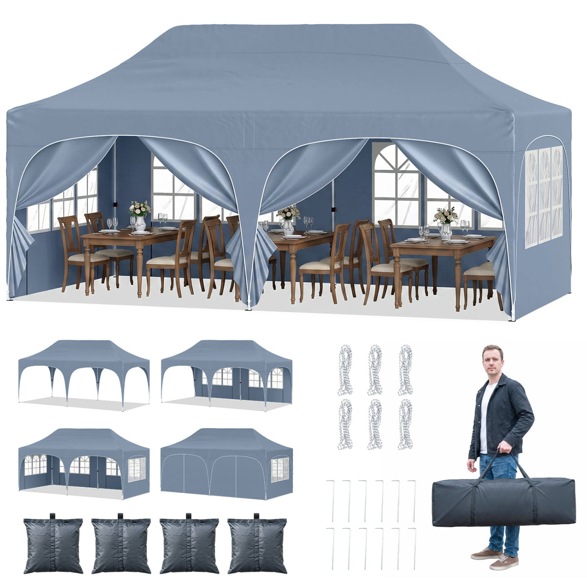 Pop Up Canopy Tent with 6 Removable Sidewalls for Patio-Gray