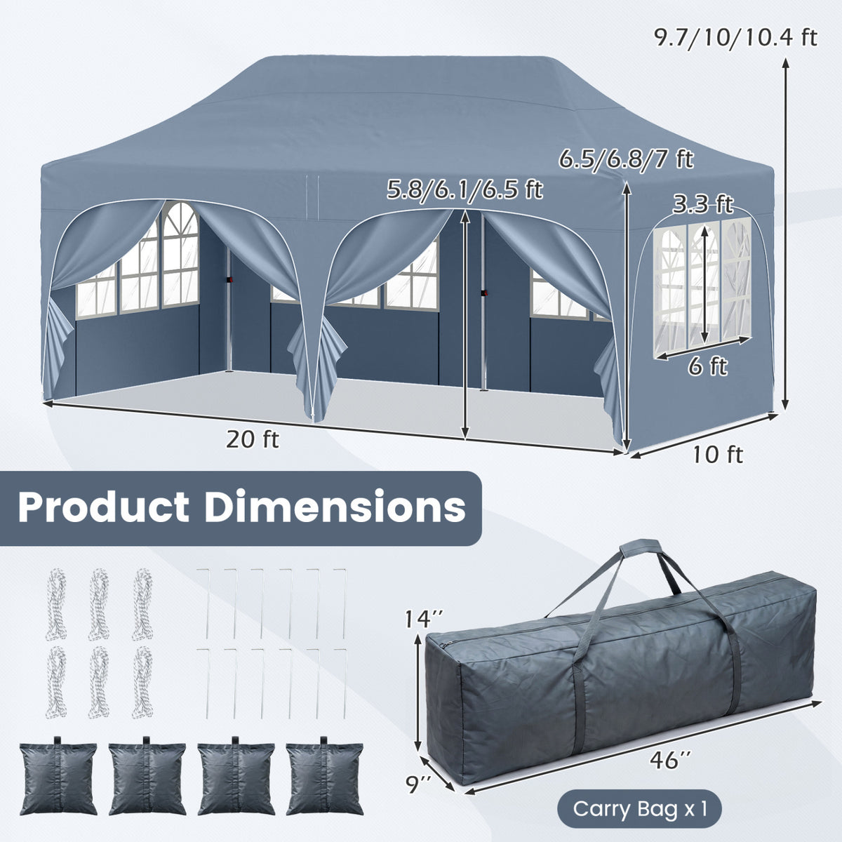Pop Up Canopy Tent with 6 Removable Sidewalls for Patio-Gray