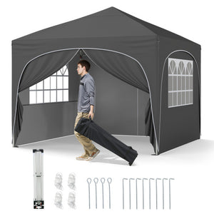 10 X 10 FT Pop up Canopy Tent with 4 Removable Sidewall-Gray