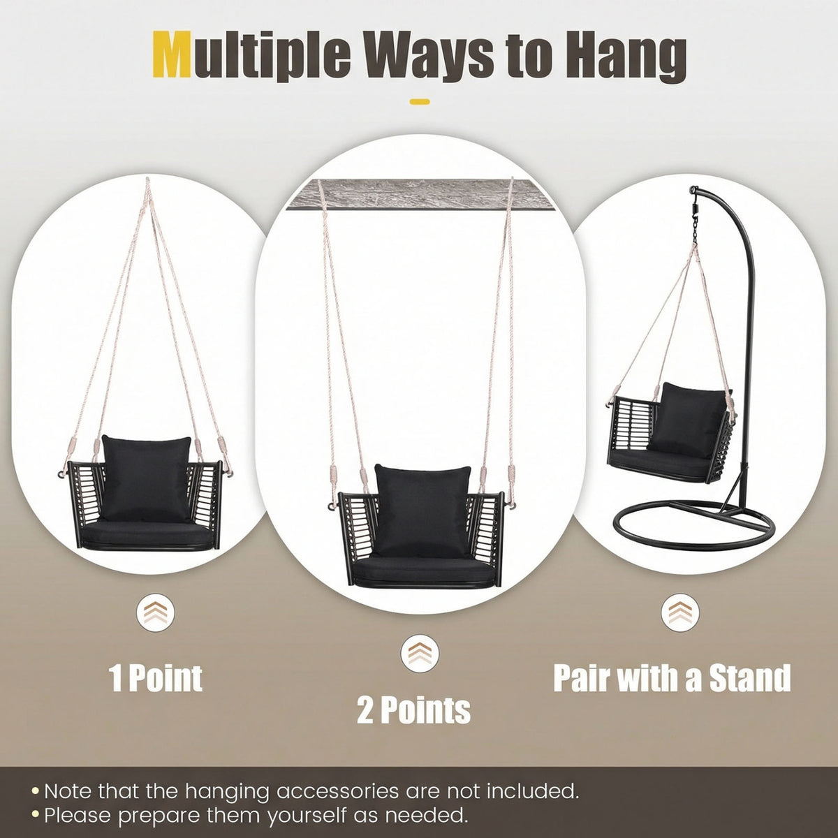 Porch Swing Patio Hanging Rattan Chair with Zippered Cushions and Rope-Black