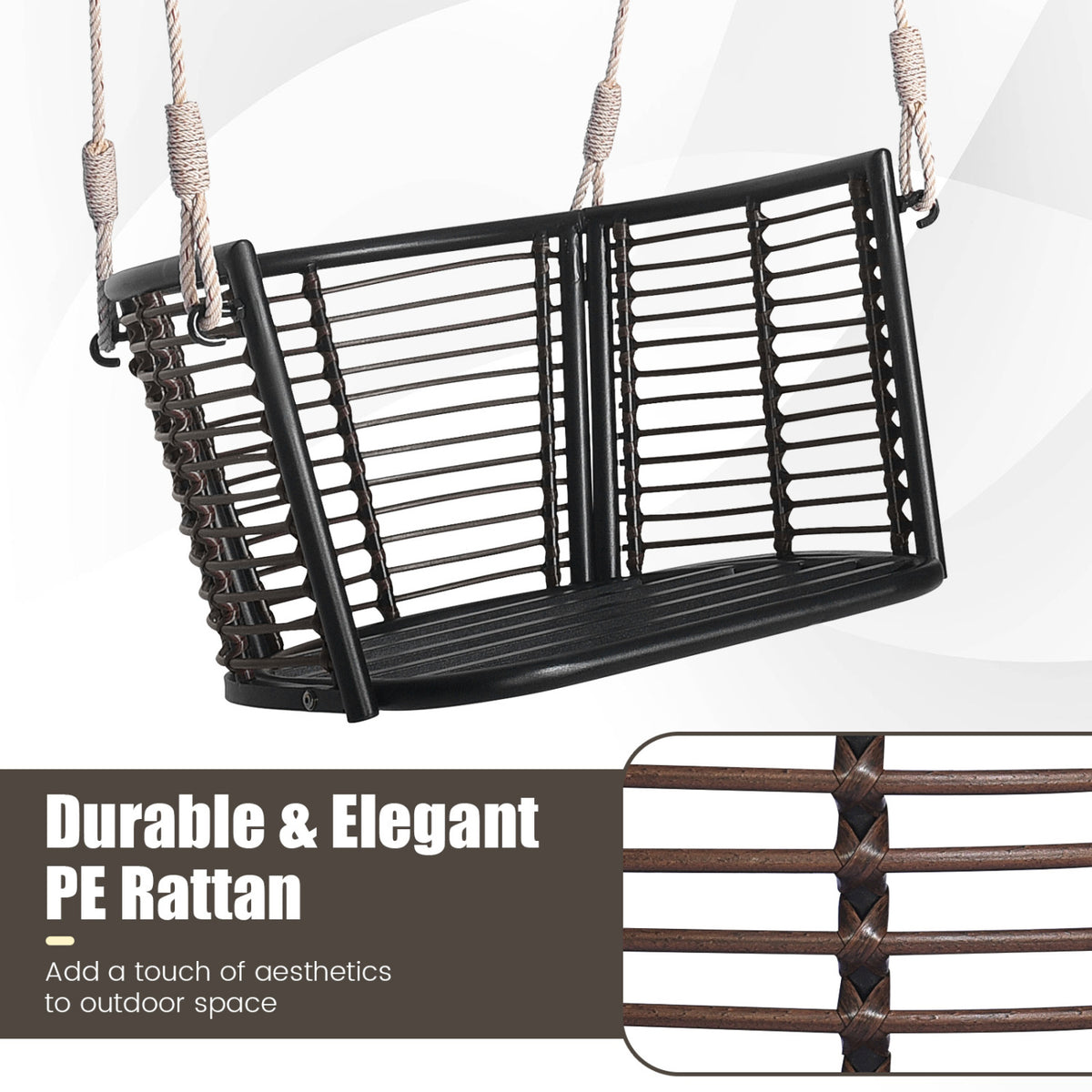 Porch Swing Patio Hanging Rattan Chair with Zippered Cushions and Rope-Black