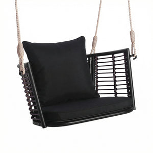 Porch Swing Patio Hanging Rattan Chair with Zippered Cushions and Rope-Black
